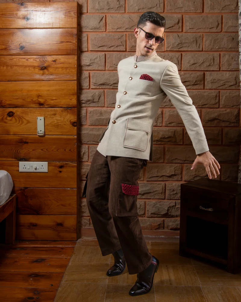 Explorer’s Corduroy Beige Bandhgala Suit - Image 3