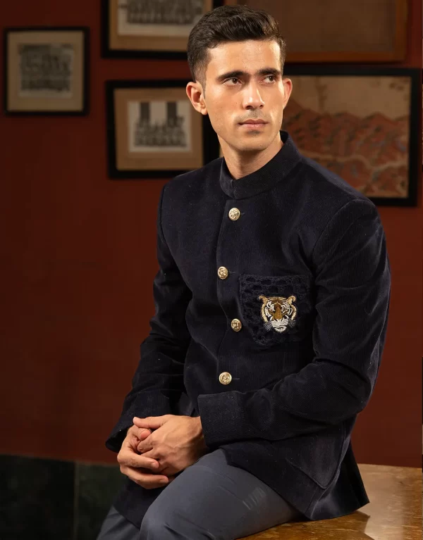 Highland Tiger Navy Blue Corduroy Bandhgala Suit